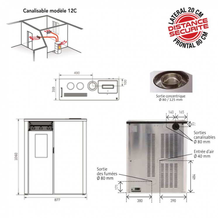Poêle à Granulés - MILANO 12C- Étanche Concentrique Canalisable