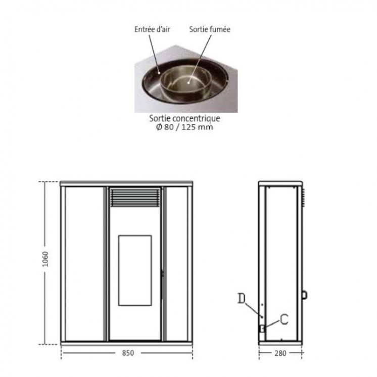 Pack Poêle à Granulés TESSA 10 Étanche sortie Concentrique sur le dess
